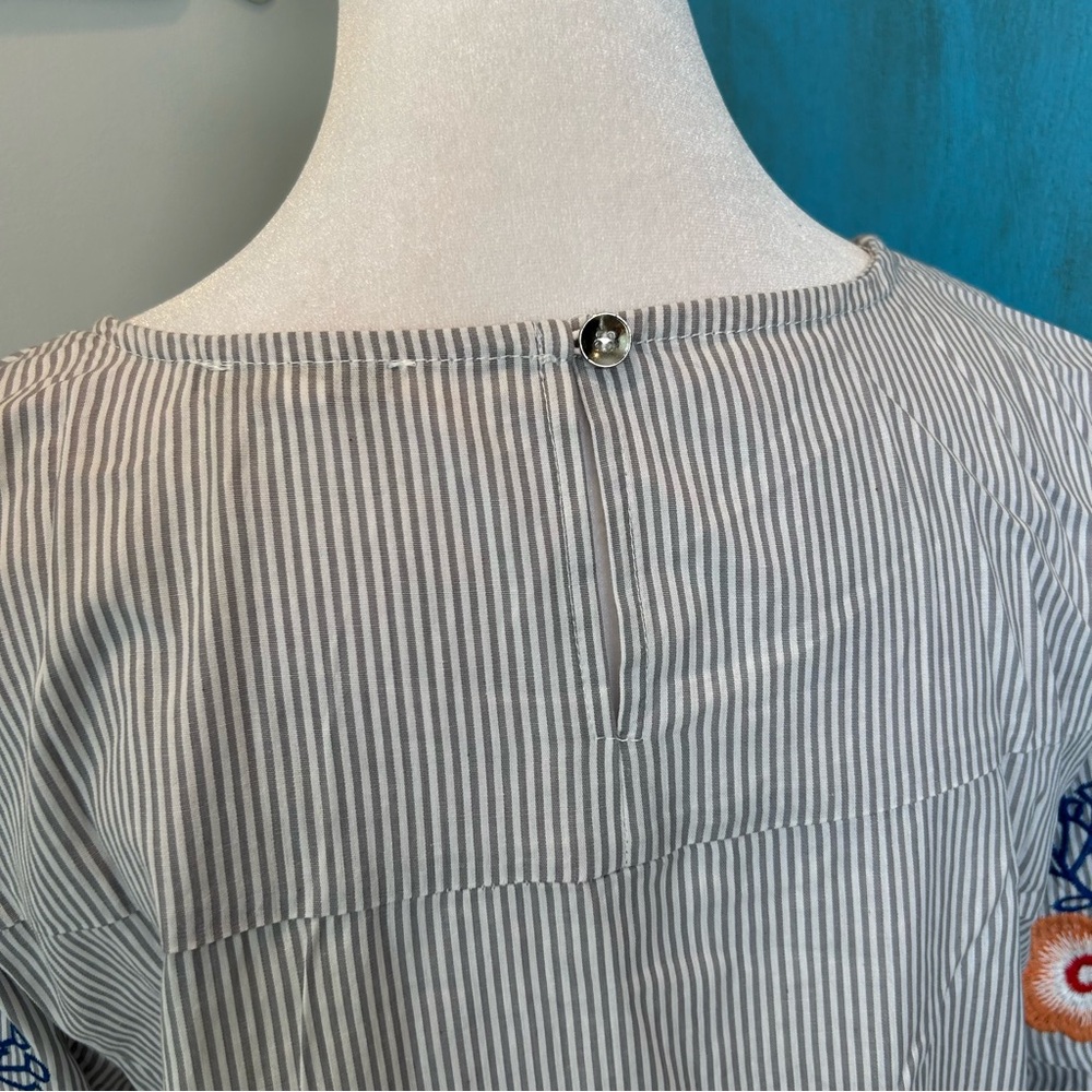 JODIFL White Pinstripe Dress with Floral Embroidered Sleeves - Picture 6 of 8